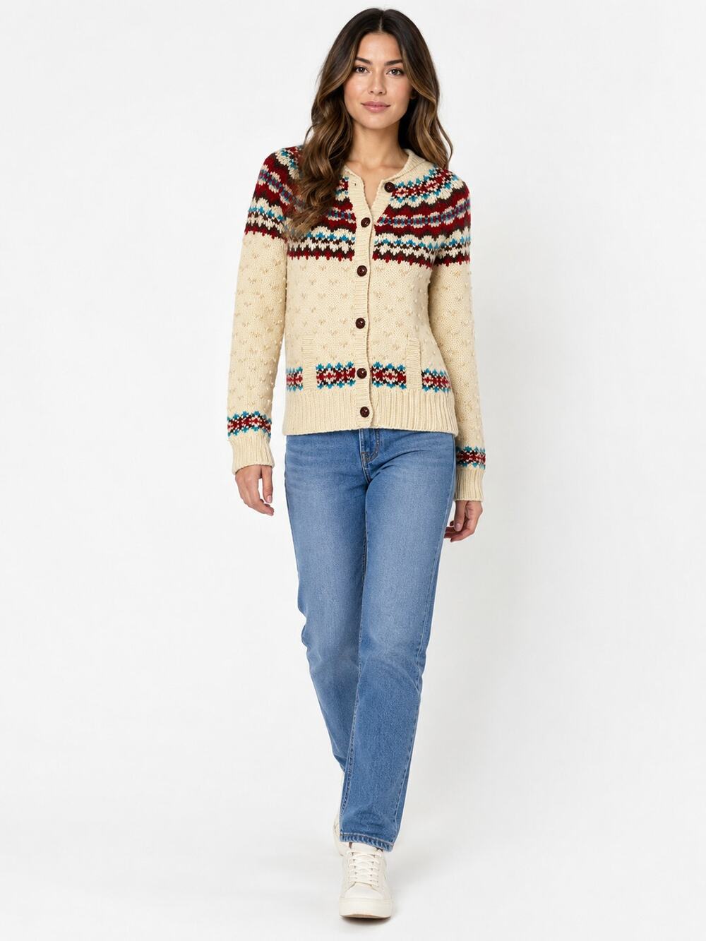 DAN196 Vintage Hollister Fair Isle Wool Cardigan Sweater Cream Nordic Japan S